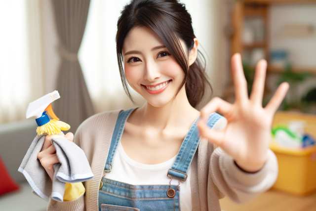 掃除道具を持った若い日本人女性が手でOKのポーズをとって笑っている様子