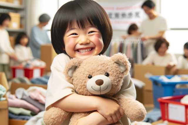 幼い日本人の女の子が熊のぬいぐるみを嬉しそうにかかえる様子の画像